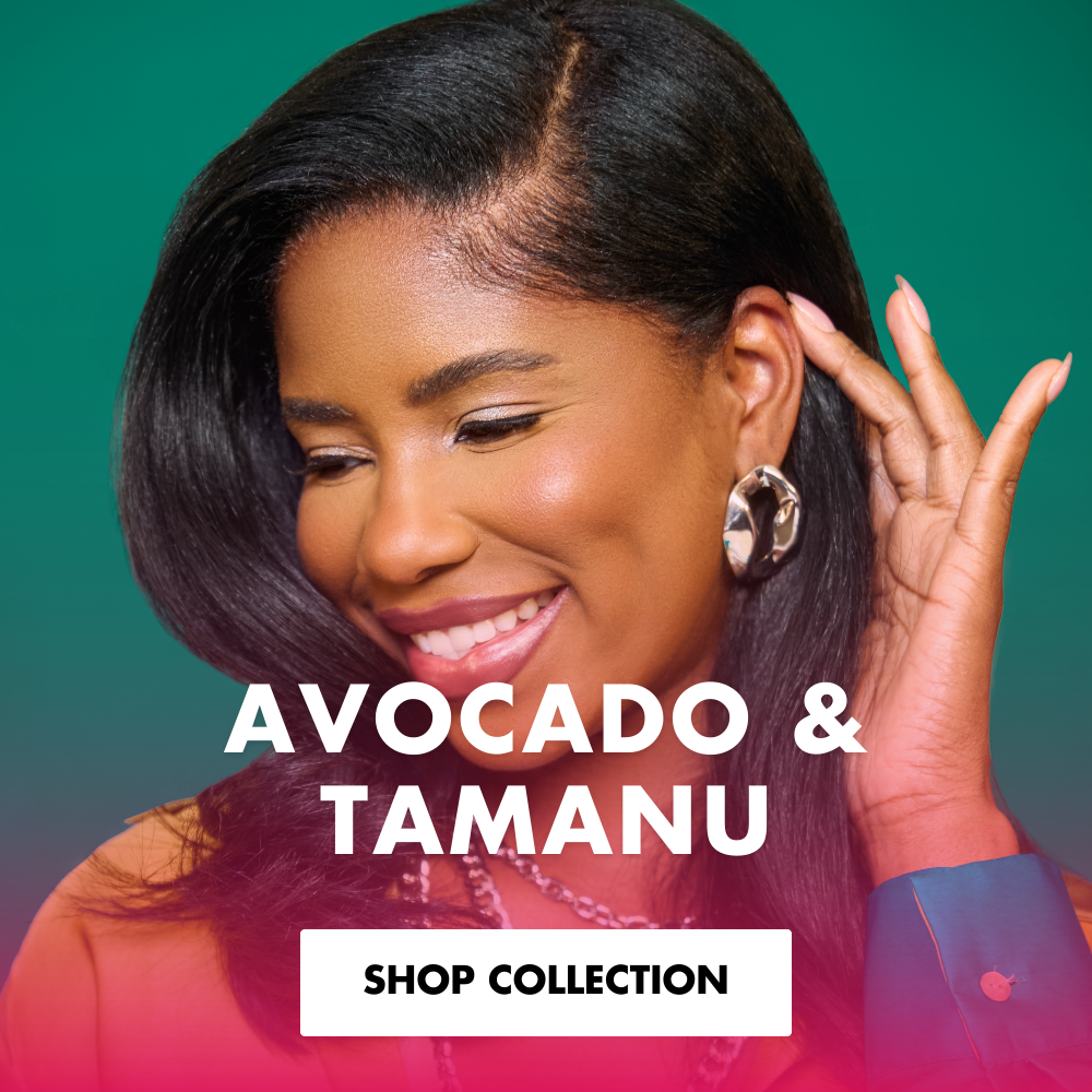 A smiling woman promoting Mielle Organics Avocado & Tamanu hair collection.