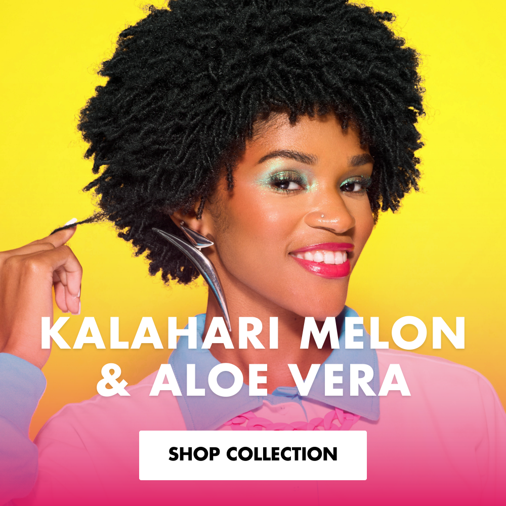 A woman with curly hair showcasing the Kalahari Melon & Aloe Vera collection.