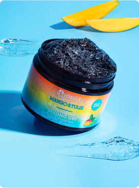 Jar of Mielle Mango Butter Nourishing Styling Gel on blue background.