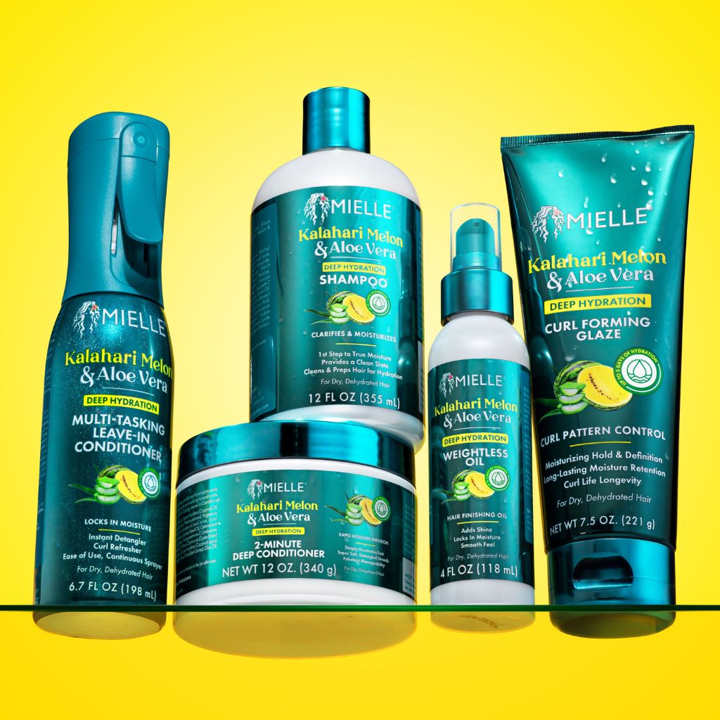 Mielle Organics Kalahari Melon & Aloe Vera hair care products lineup.