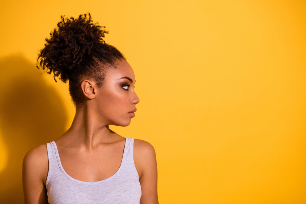 Close up side profile photo beautiful she her dark skin lady, weekend vacation summer street look
