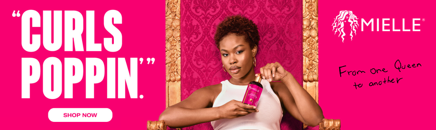 banner image of mielle organics natural hair products with girl sitting on chair holding mielle product for curls - from one queen to another.