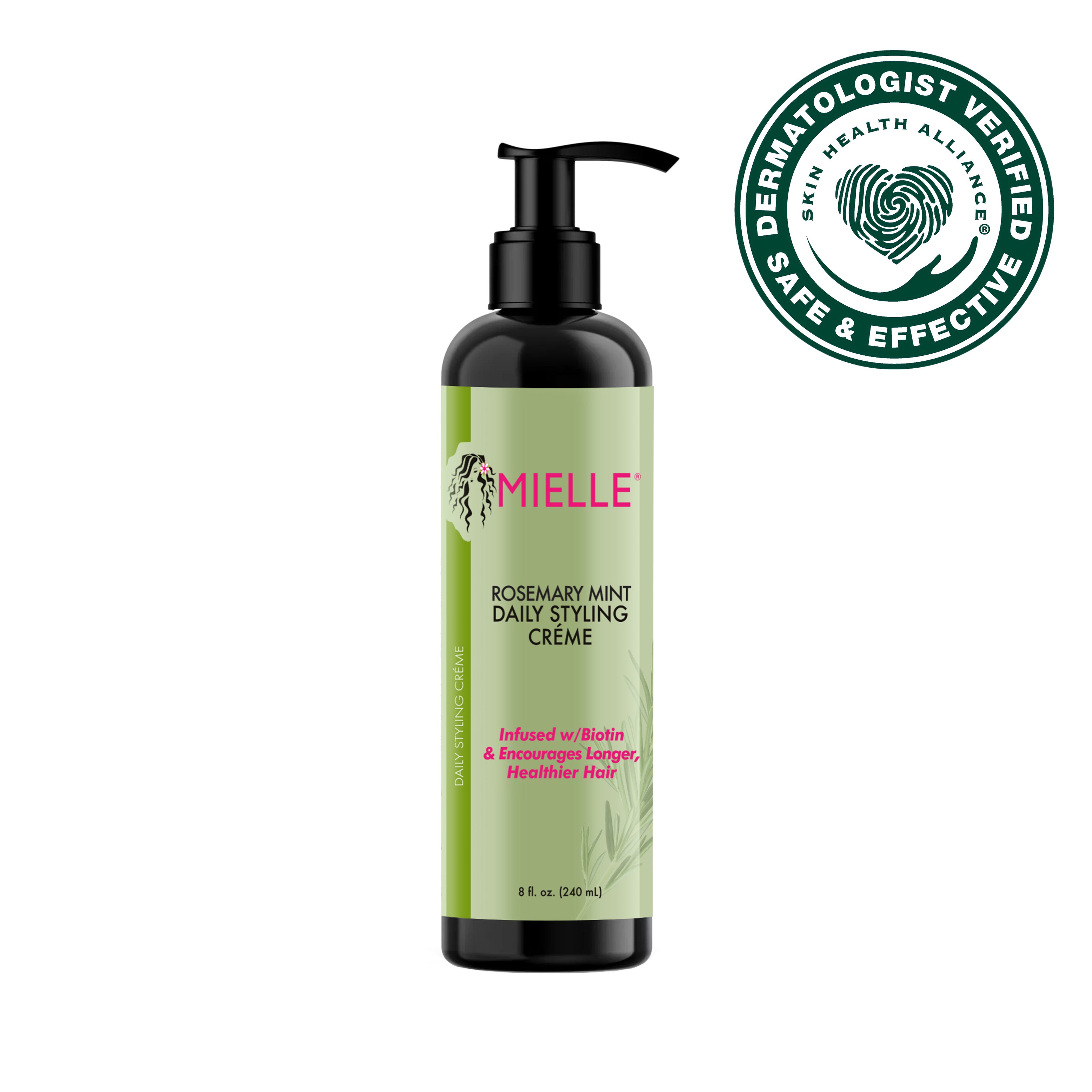 Bottle of Mielle Rosemary Mint Daily Styling Creme with a pump dispenser. The label includes the product name and a dermatologist verified seal.